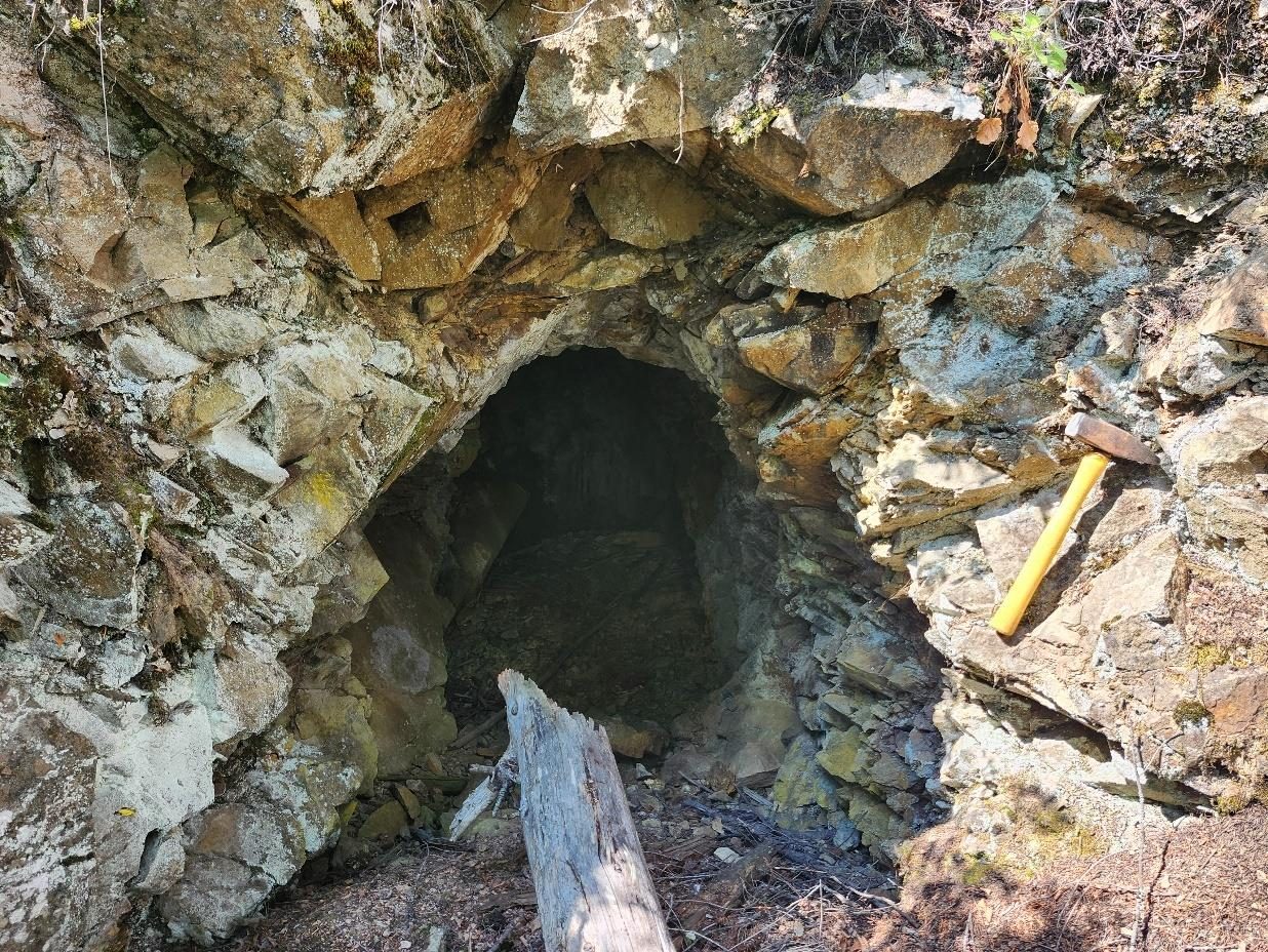 Historic adit portal in granodiorite near Logan Creek, Texas Property