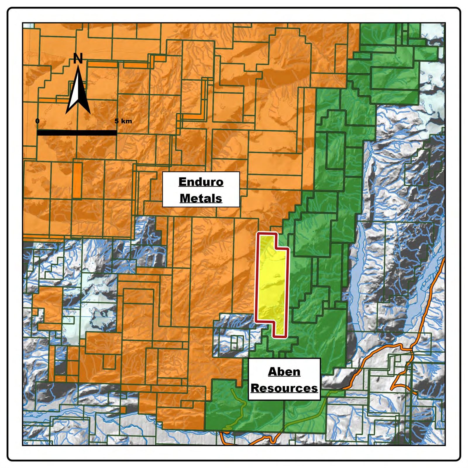 Ticktock tenure location between Enduro Metals and Aben Resources ground